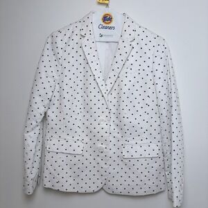 Talbots Sz 10P Linen Blend Embroidered Navy White Polka Dot Fitted Blazer Jacket